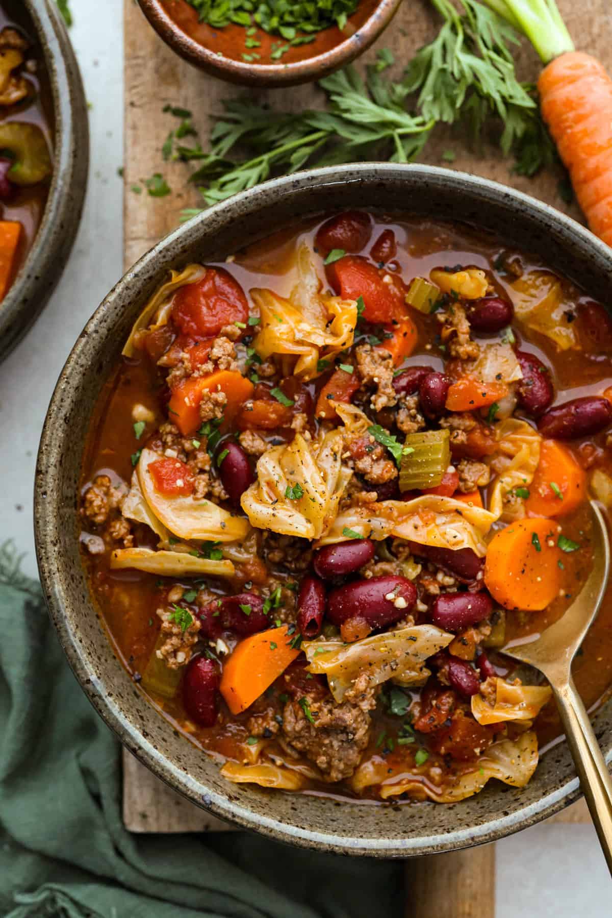 a bowl of soup with a spoon